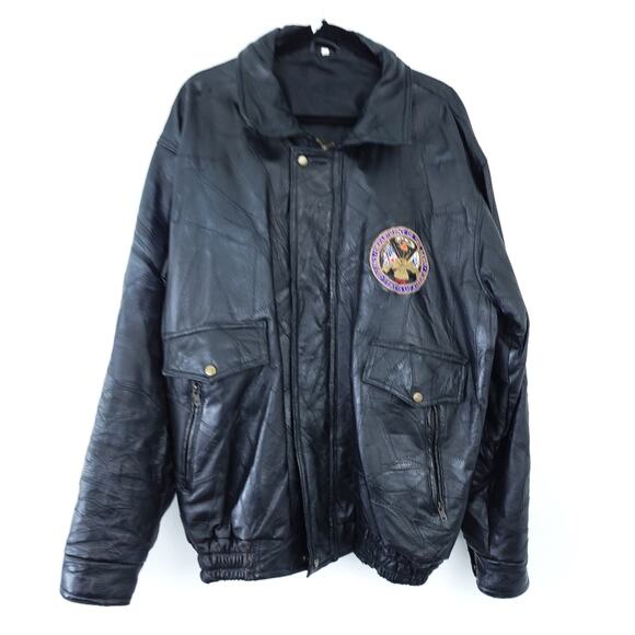 UB Leather Army Bomber Jacket Men XXL, Black, Army Patch, Zip Up Coat Men - Picture 1 of 8